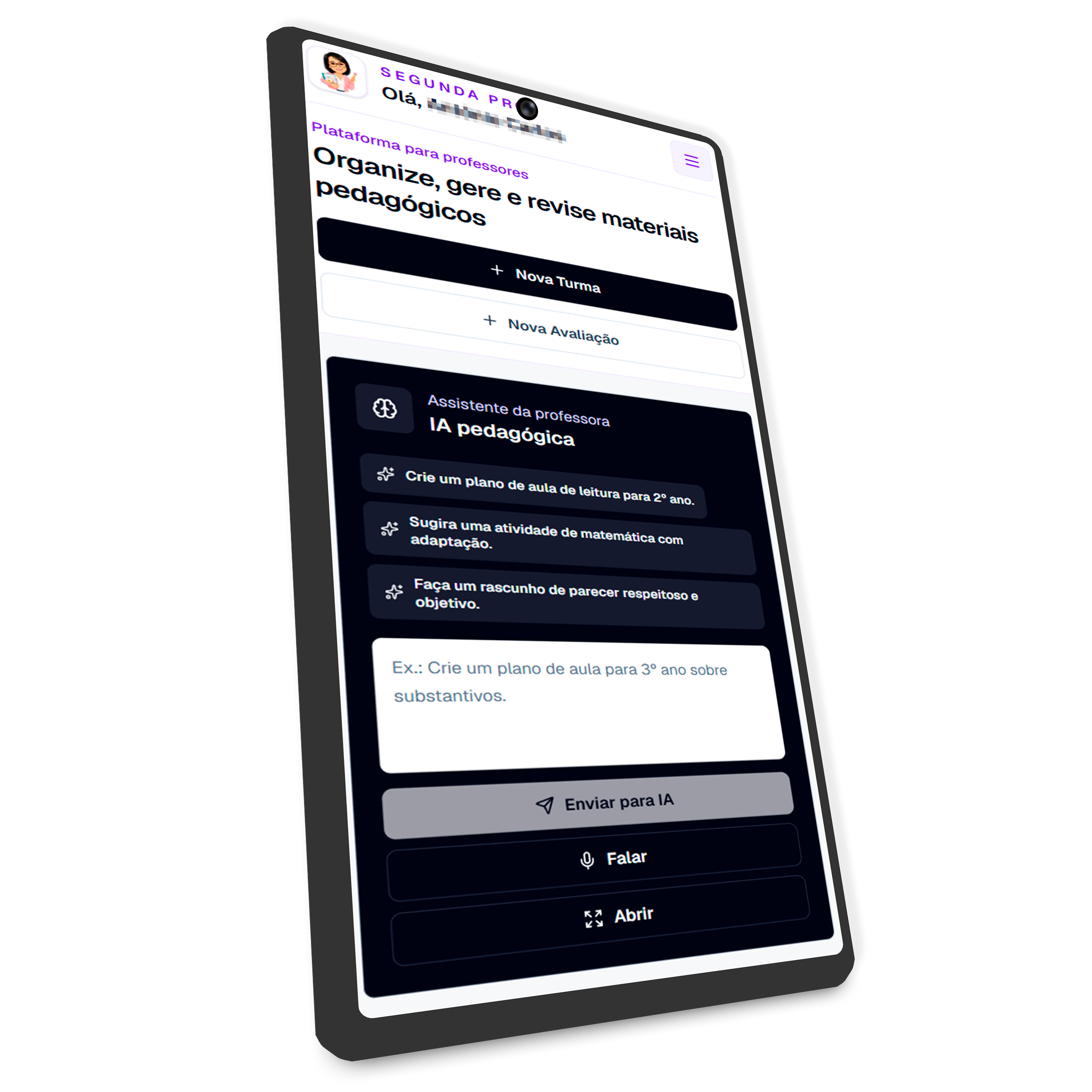 Tela mobile da Segunda Professora mostrando o assistente de IA pedagógica e ações rápidas para a professora.